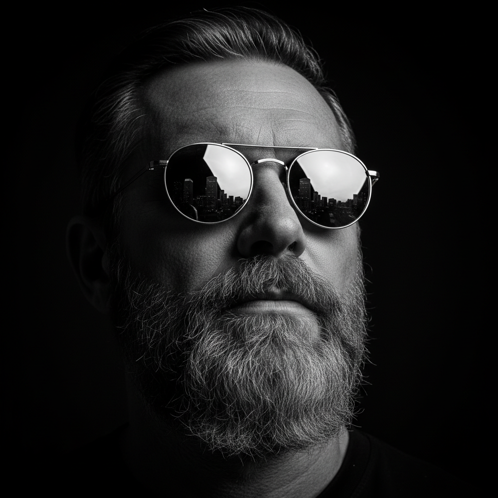 Chiaroscuro Man, Mirrored City Reflection — Portrait AI image prompt