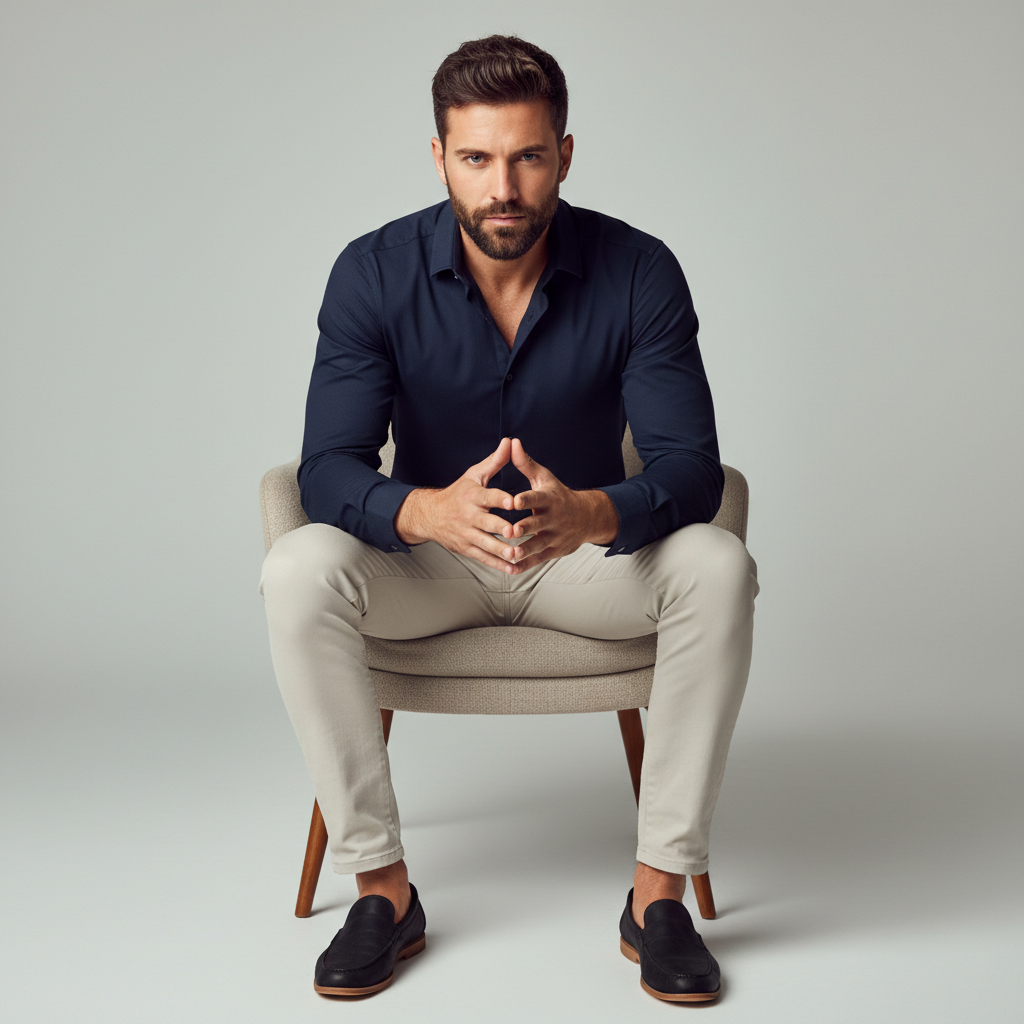 Confident Man: Modern Editorial Studio Portrait — Fashion portrait AI image prompt