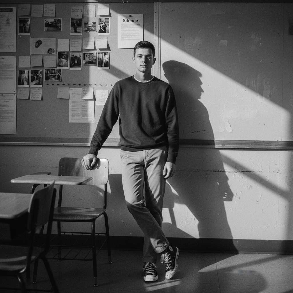 Black and White Classroom Silence — Fashion portrait AI image prompt