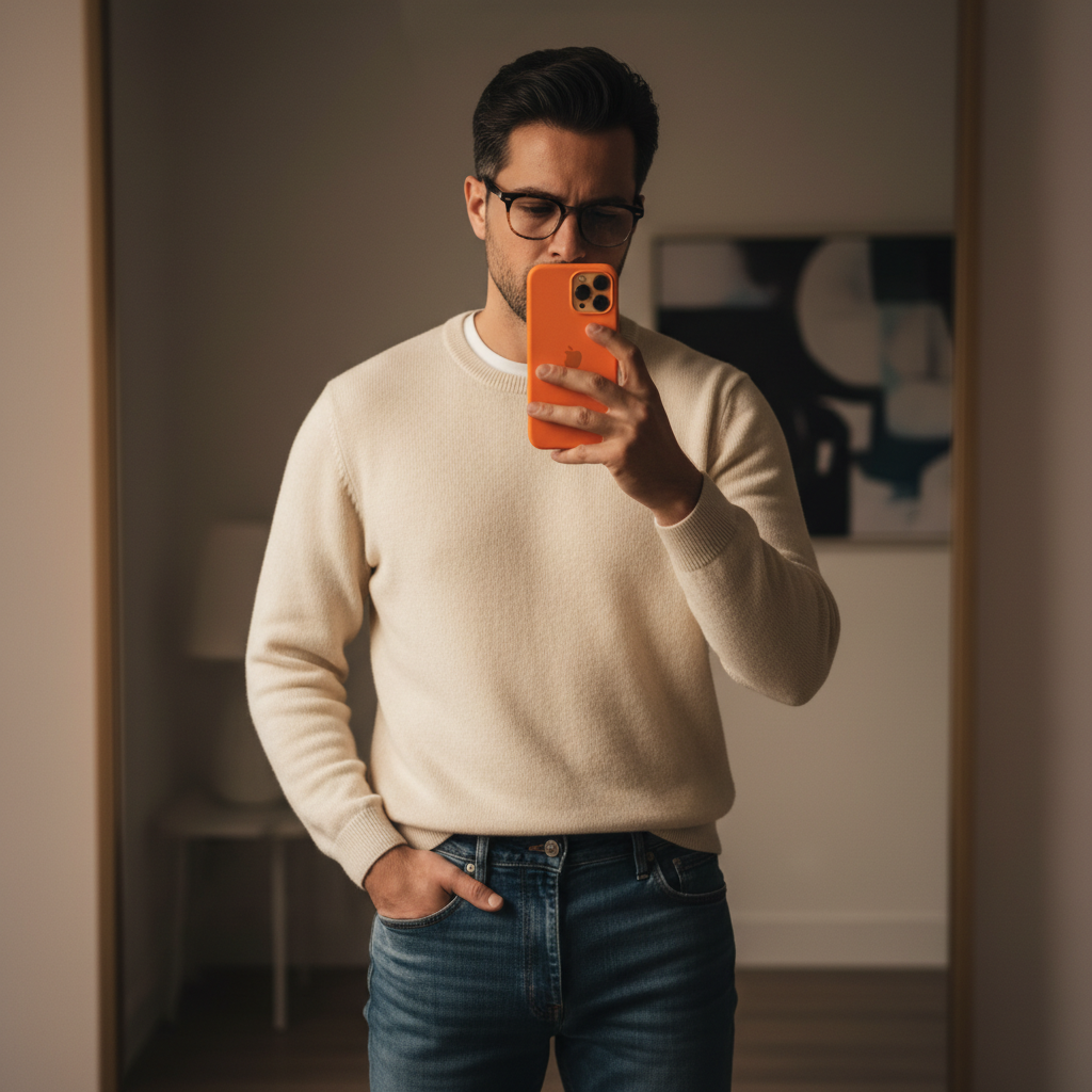 Stylish Man's iPhone 17 Mirror Selfie — Lifestyle AI image prompt