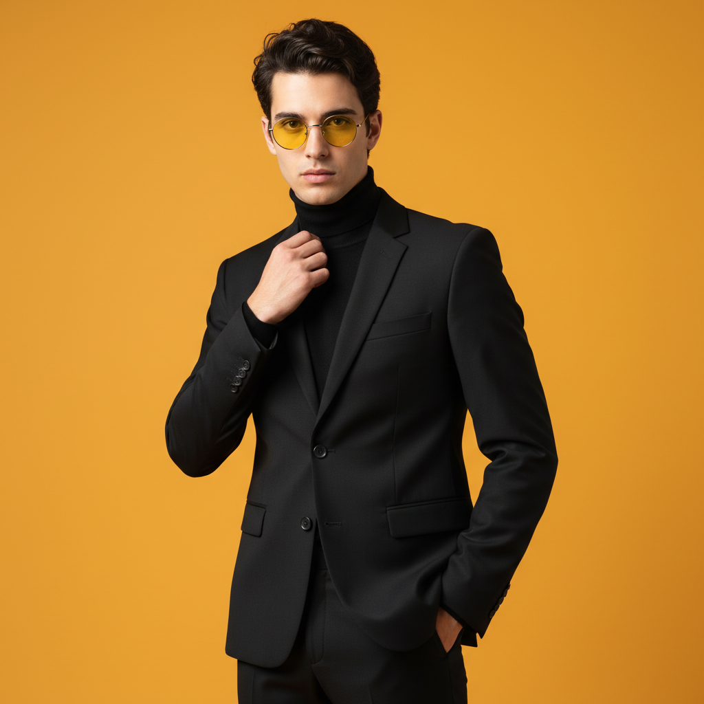 Fashion Portrait: Black Suit, Yellow Lenses, Orange Studio — Fashion portrait AI image prompt