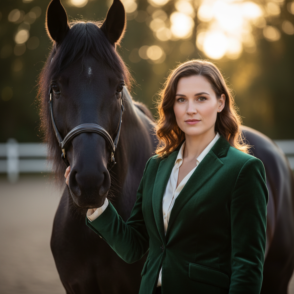 Graceful Bond: Woman and Horse at Golden Hour — Portrait AI image prompt