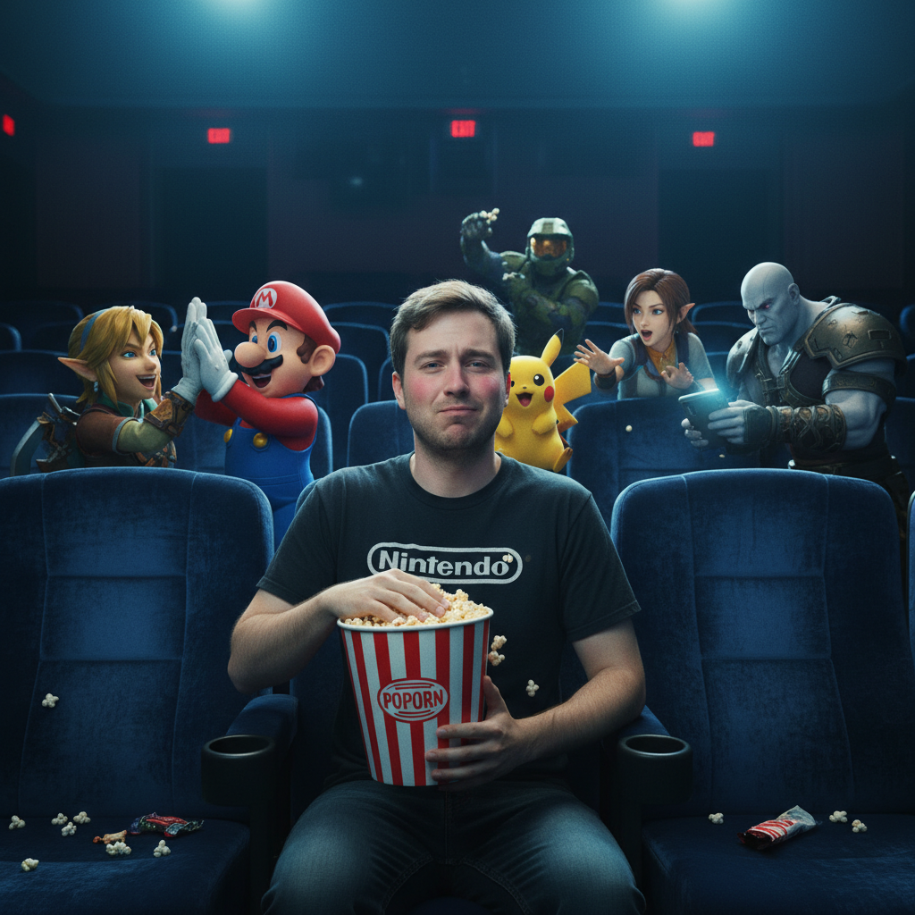 Embarrassed Gamer Amidst Game Icons in Opulent Cinema — Gaming AI image prompt