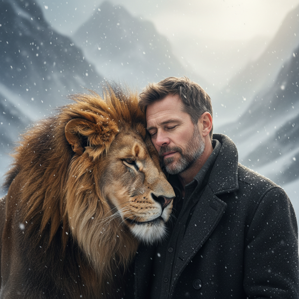 Profound Bond: Man and Lion in Snow — Animals portrait AI image prompt