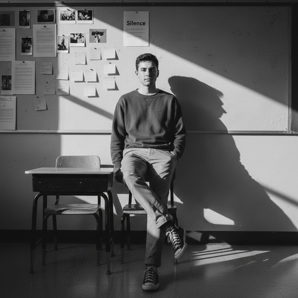 Black and White Classroom Portrait: Silence — Portrait AI image prompt