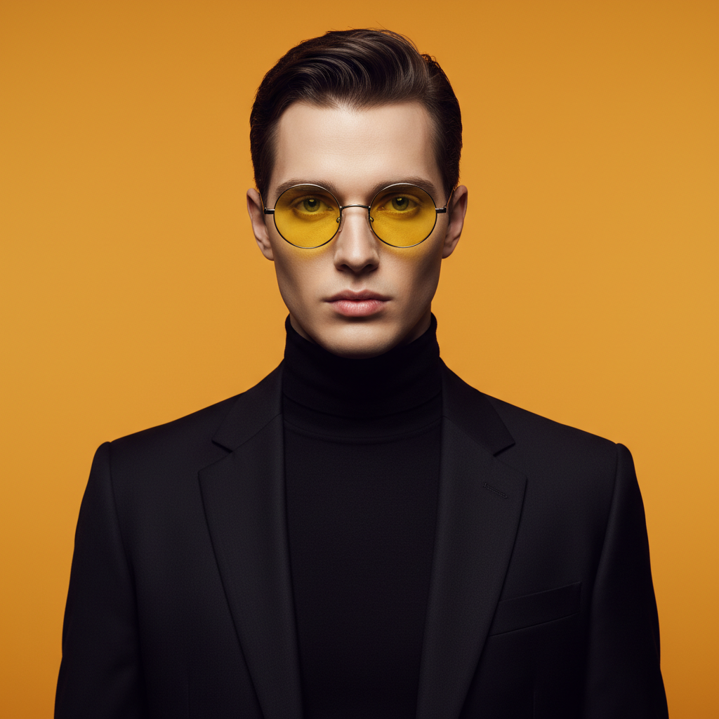 Man with Black Suit, Yellow Lenses, Orange Backdrop — Fashion portrait AI image prompt