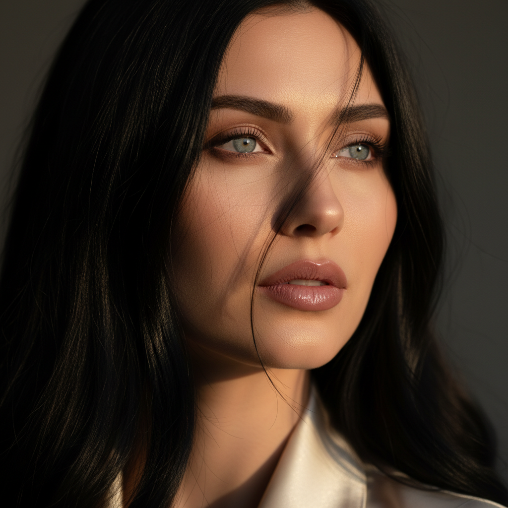 Golden Hour Gaze: Captivating Woman — Portrait AI image prompt