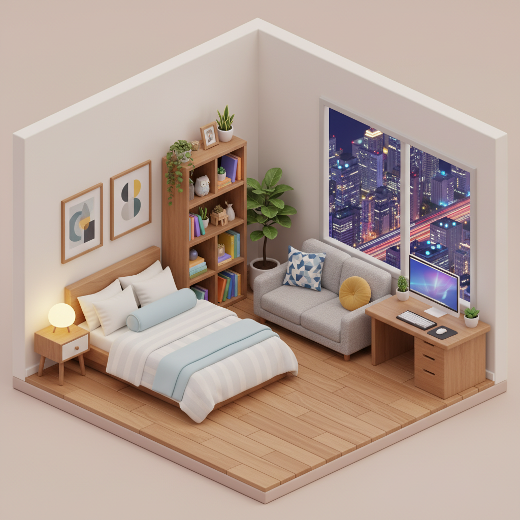Cute 3D Cozy Room, City Night View — Interior Design AI image prompt
