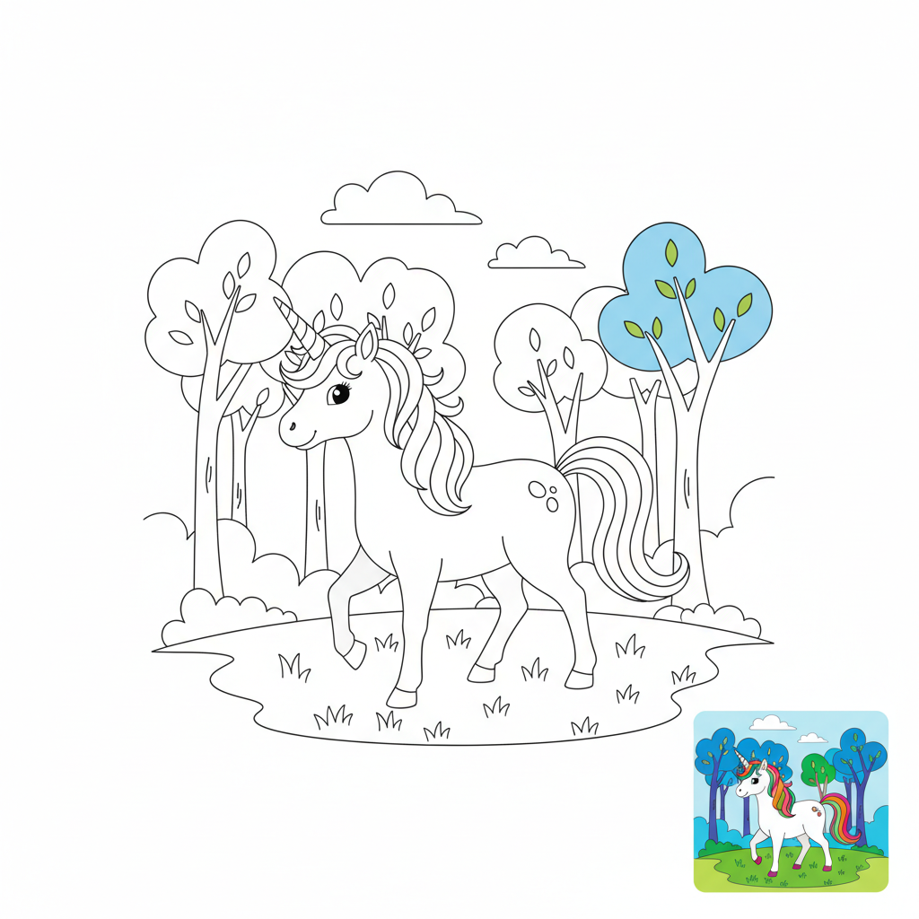 Unicorn Forest Coloring Page with Color Reference — Coloring Page AI image prompt