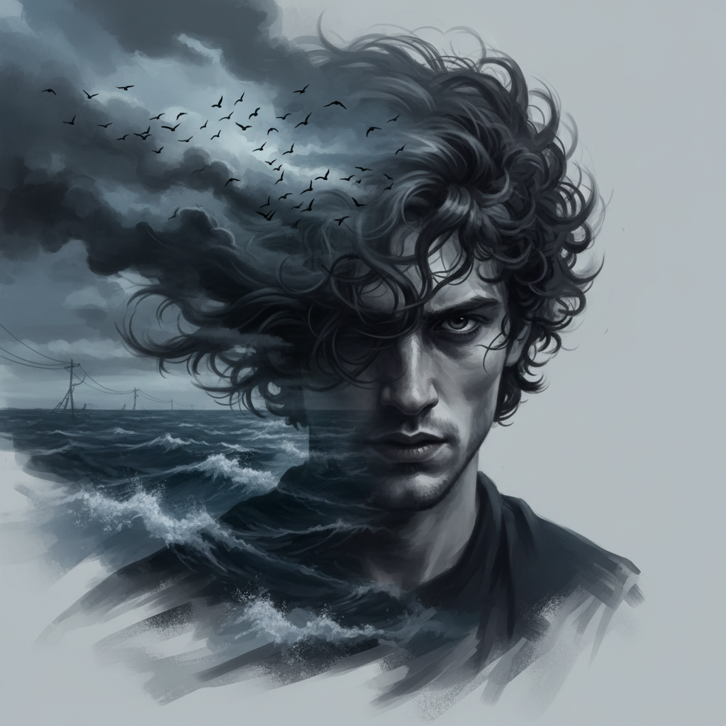Windswept Gaze: Double Exposure Storm — Portrait AI image prompt
