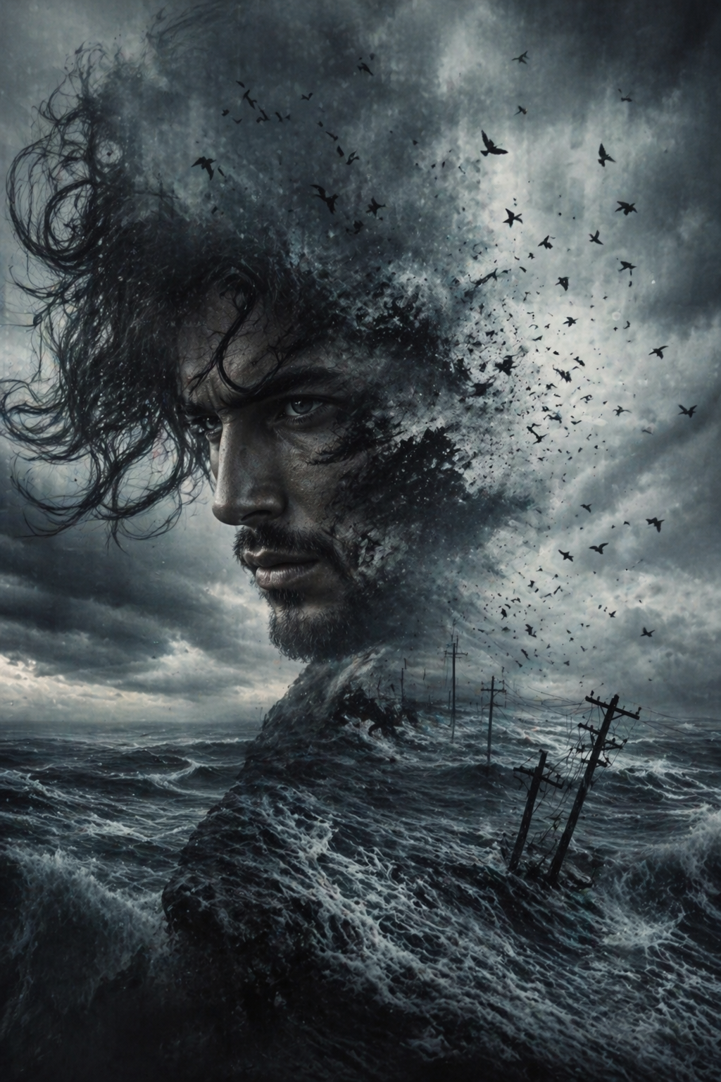 Man Dissolving Into the Storm — Portrait AI image prompt