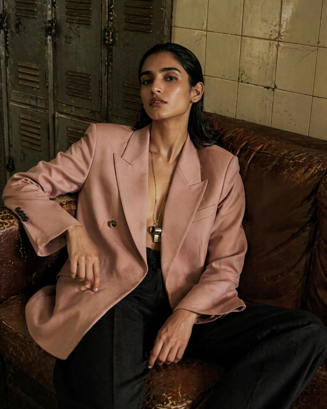 Pink Blazer Power in the Locker Room — Portrait AI image prompt