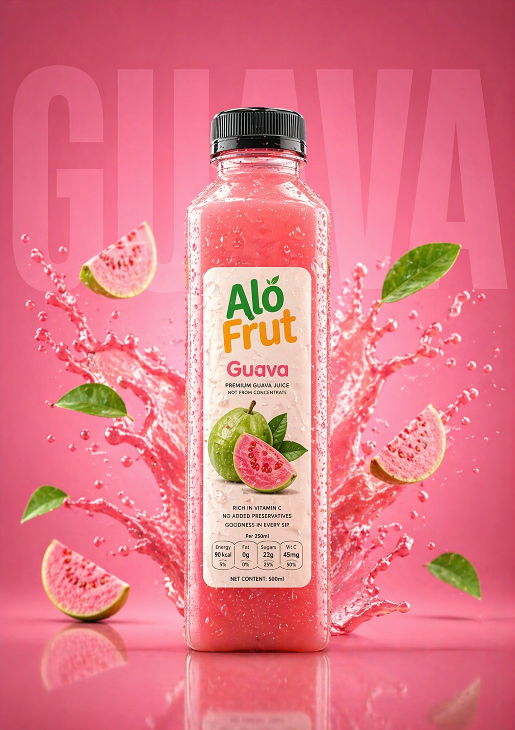 Alo Frut Guava Splash Bottle — Product Photography AI image prompt