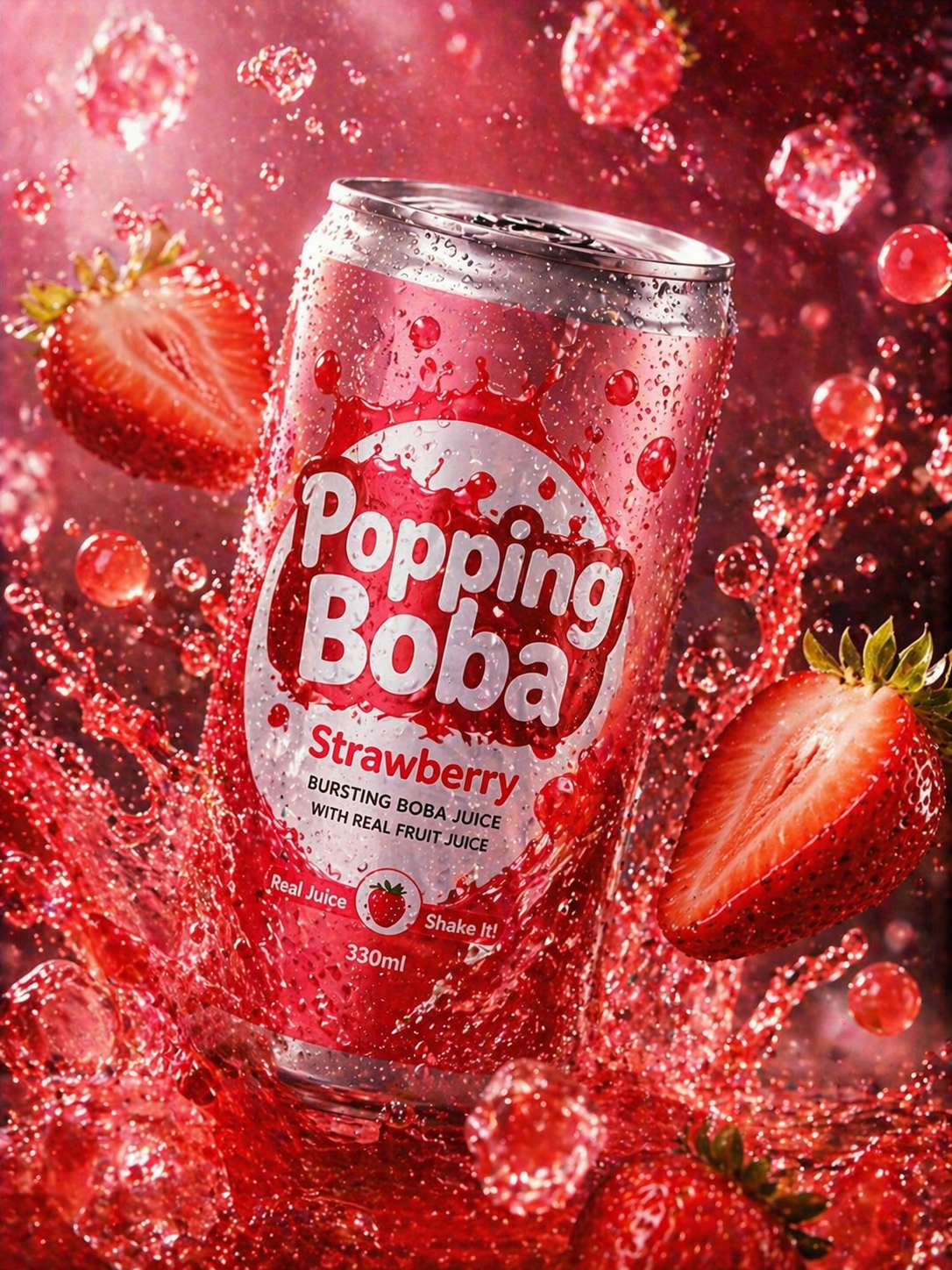 Popping Boba Strawberry Splash Can — Product Photography AI image prompt