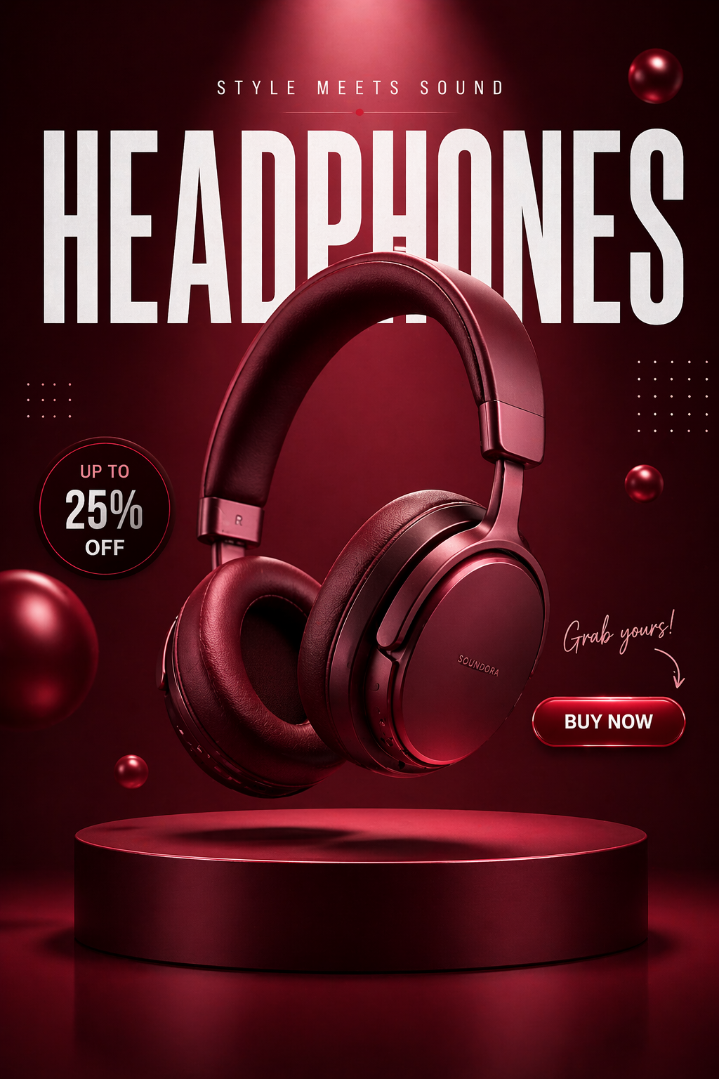 Crimson Sound Headphones Poster — Product Photography AI image prompt