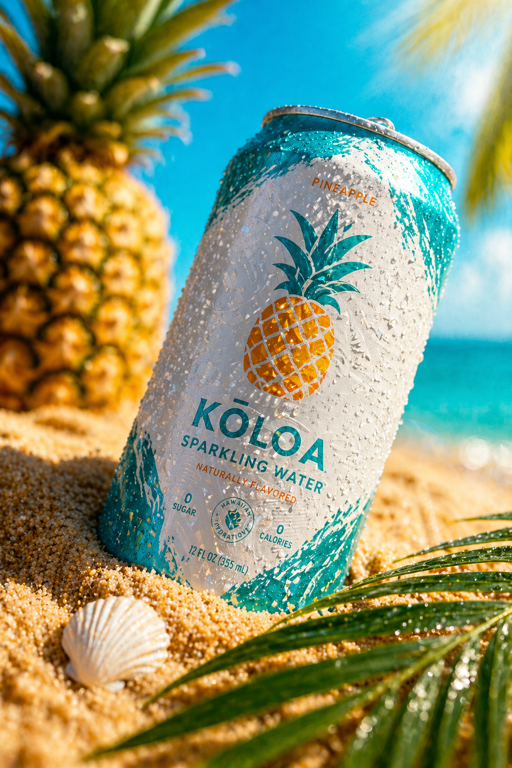 Tropical Pineapple Sparkling Water Ad Shot — Product Photography AI image prompt
