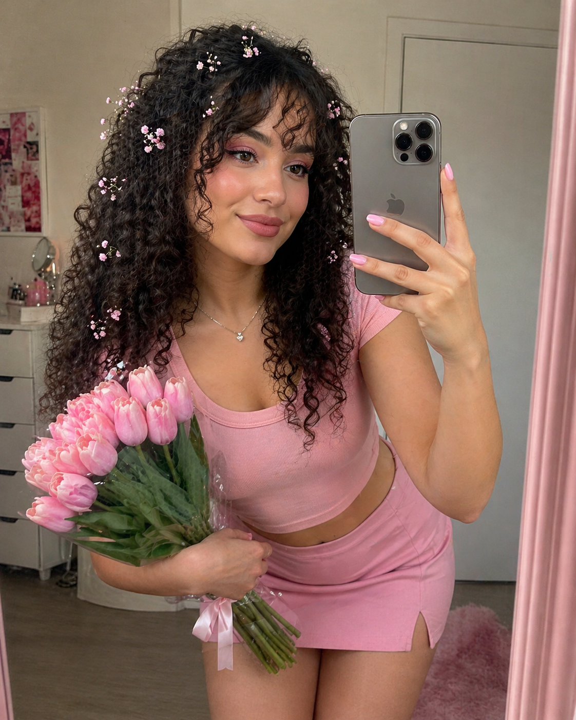 Pink Coquette Mirror Selfie Portrait — Poster AI image prompt