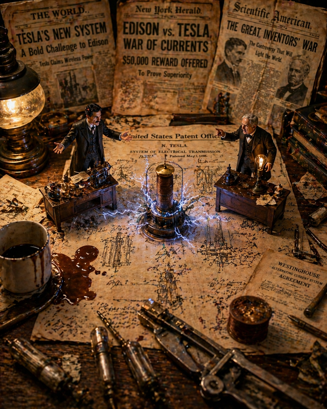 War of Currents: The Blueprint Battle — Fantasy Art AI image prompt