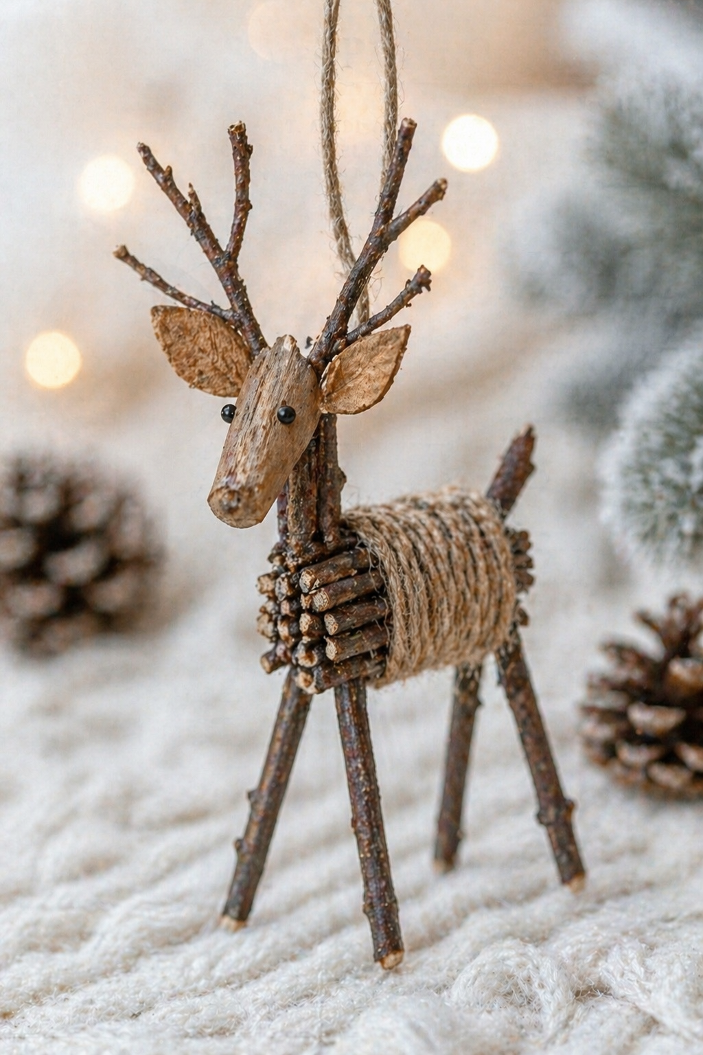 Rustic Twig Reindeer Christmas Ornament — Product Marketing AI image prompt