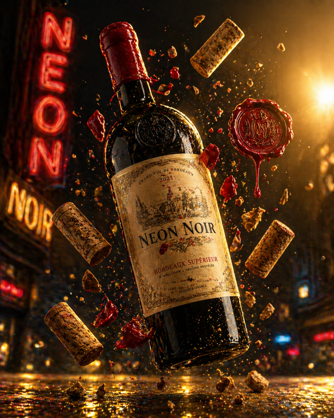Neon Noir: Chaos Bottled in Gold — Product Marketing AI image prompt