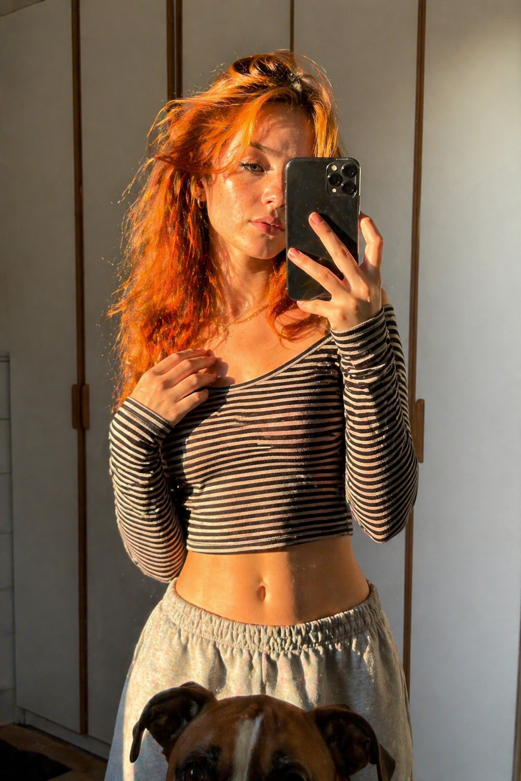 Sun-Drenched Mirror Selfie with Dog in Foreground — Portrait AI image prompt