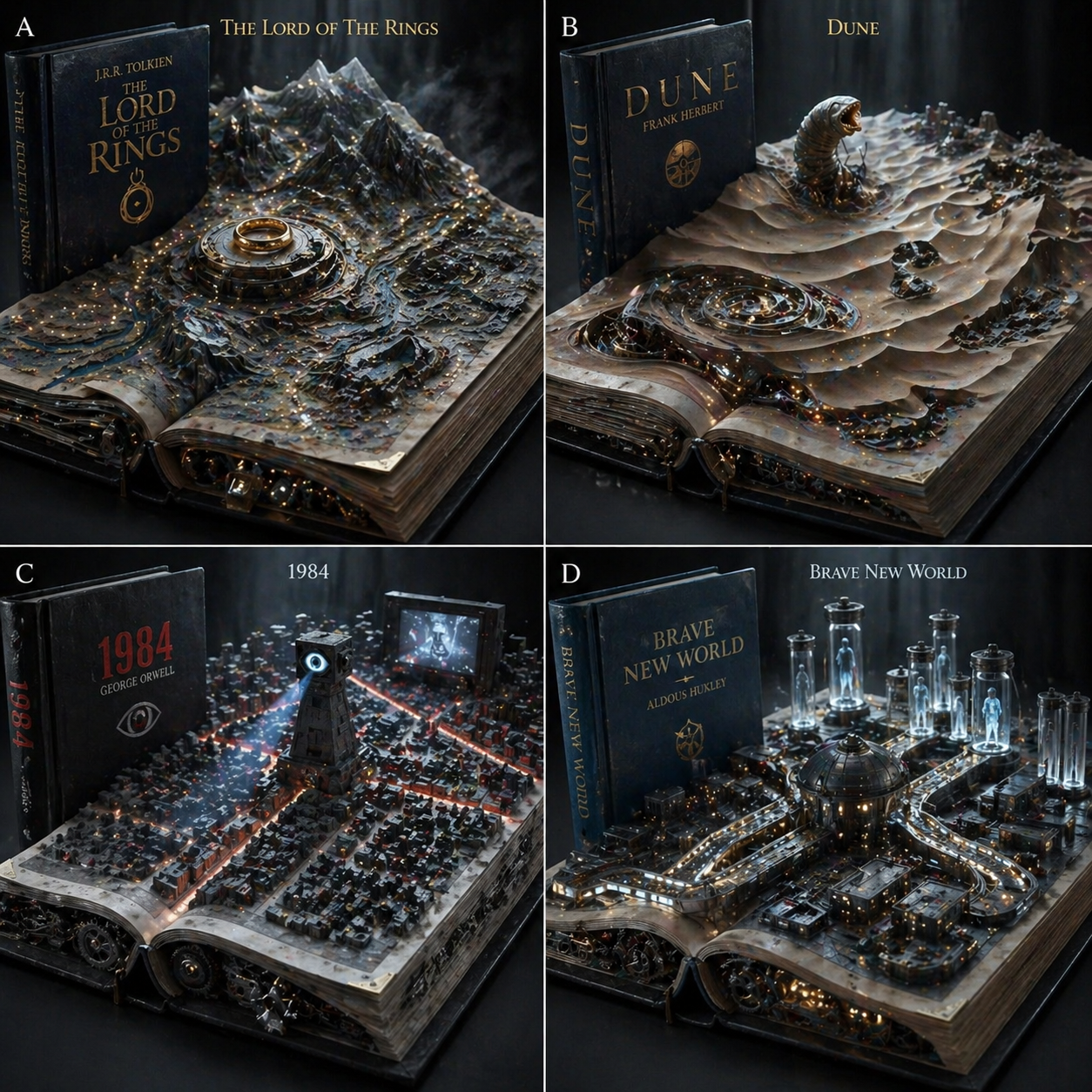 Topographic Relief Diorama of Classic Books — Fantasy Art AI image prompt