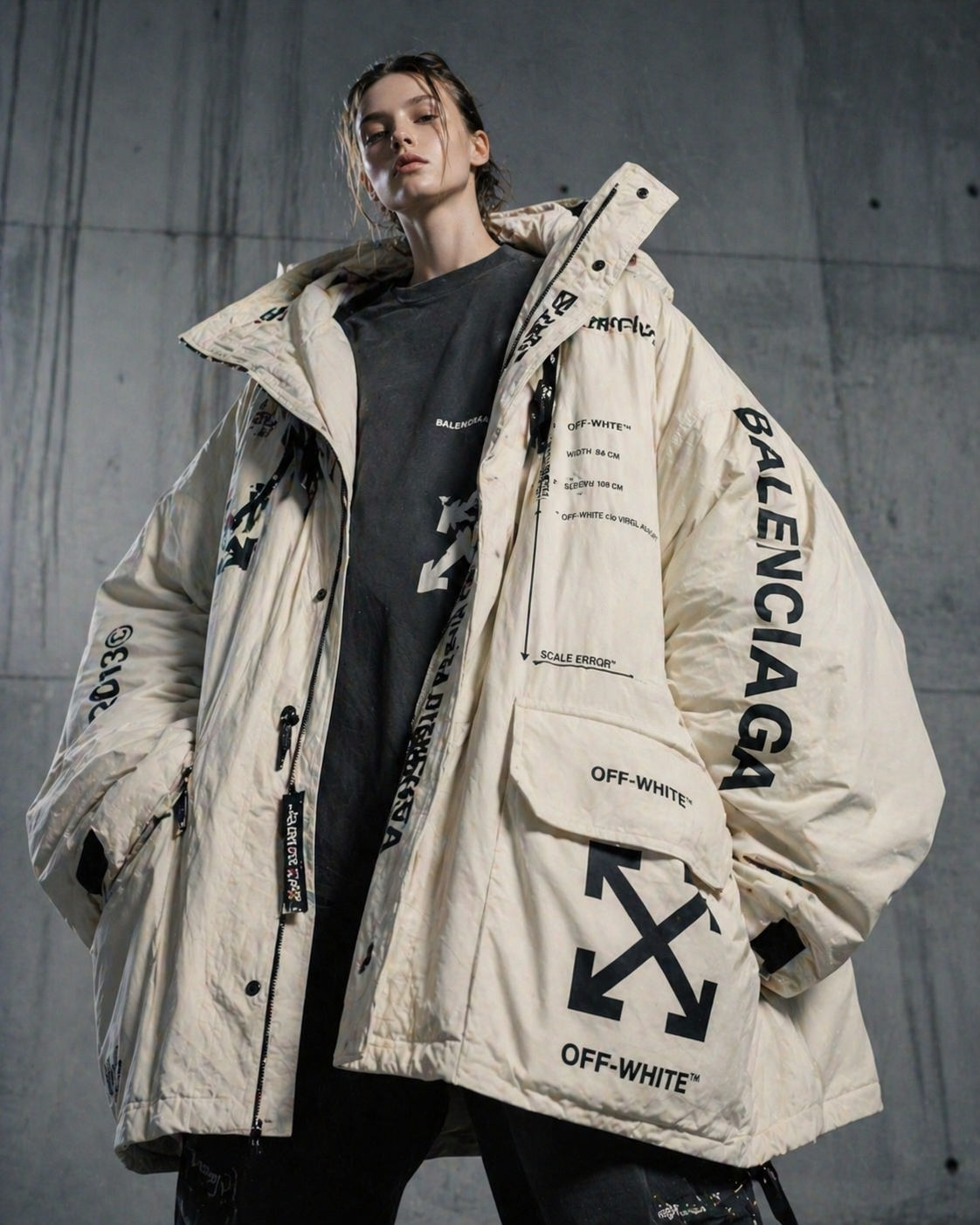 Off-White × Balenciaga Hypebeast Editorial — Product Marketing AI image prompt