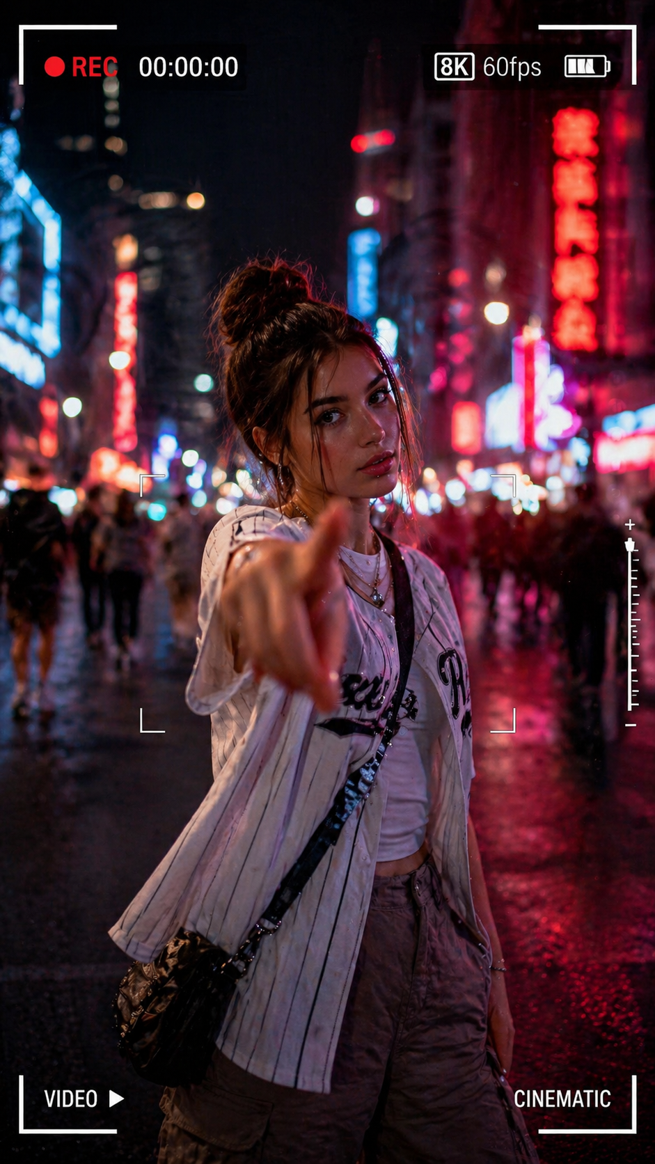 Hyper-Realistic Urban Night Portrait with UI Overlay — Fashion portrait AI image prompt