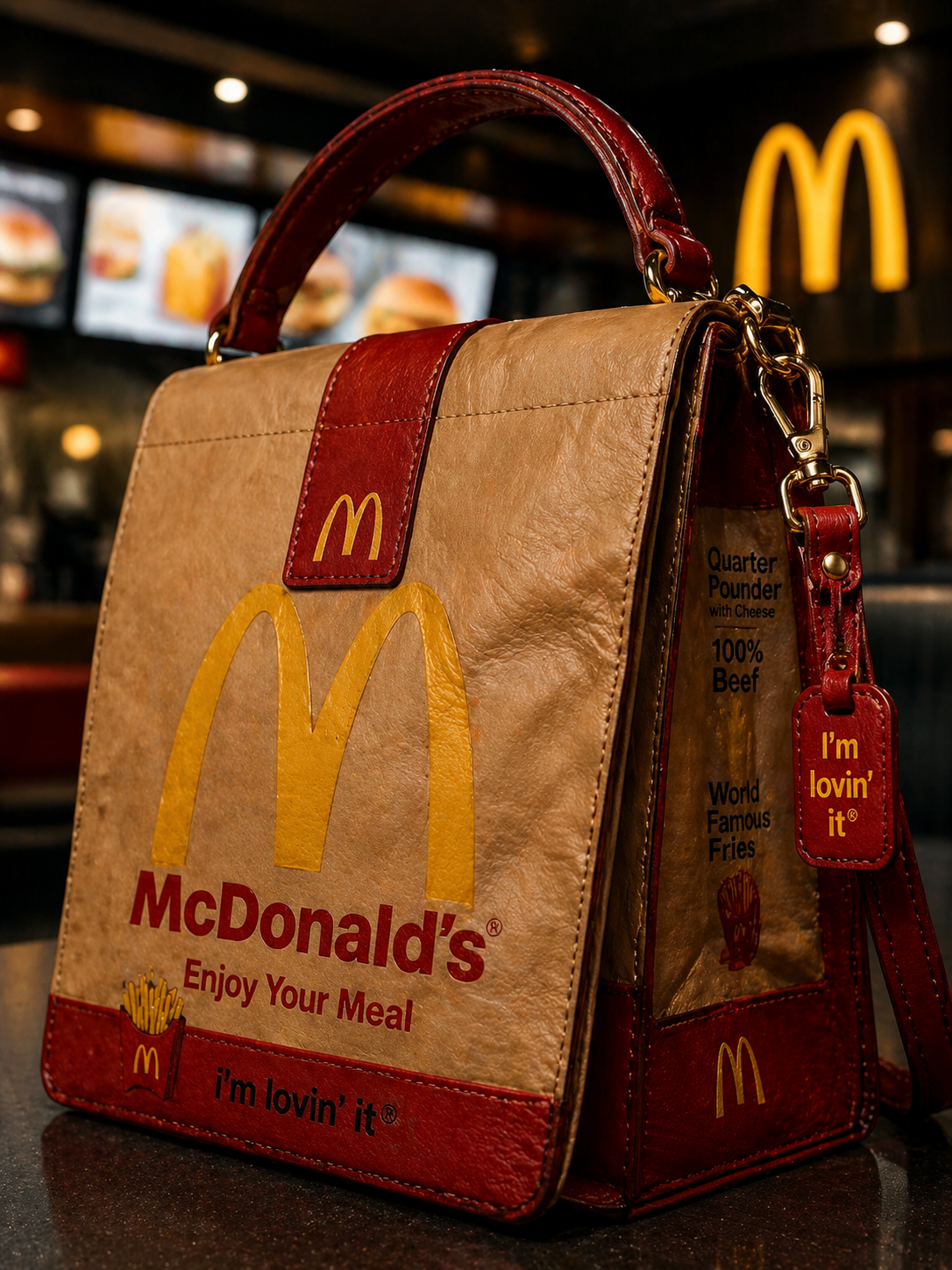 Branded Fast Food Leather Bag — Product Marketing AI image prompt